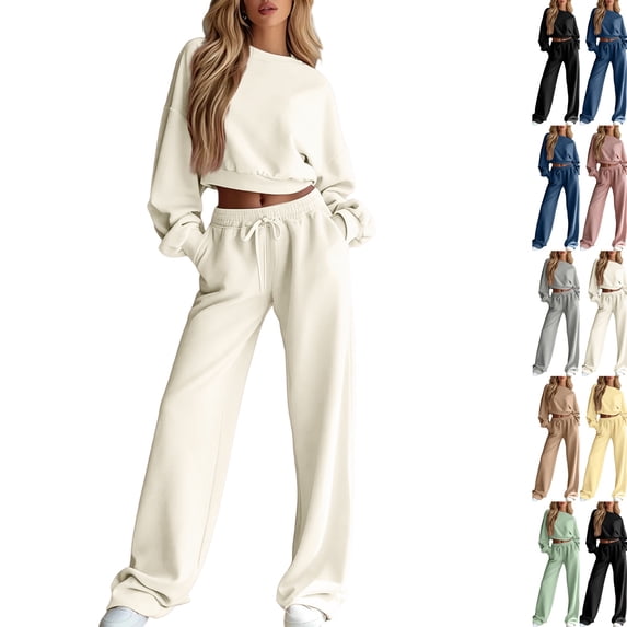 Sweatsuits Women 2 Piece Outfit 2026 Solid Drawstring Wide Leg Sweatpants Crew Neck Long Sleeve Cropped Tracksuit White L