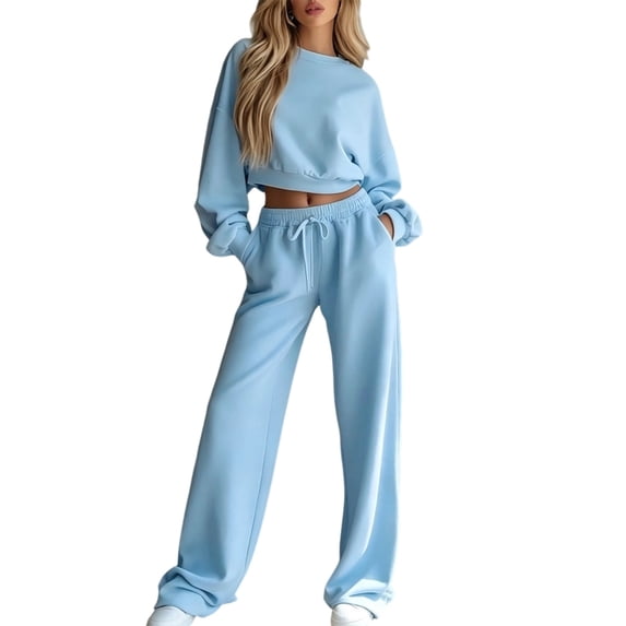 Sweatsuits Women 2 Piece Outfit 2026 Solid Drawstring Wide Leg Sweatpants Crew Neck Long Sleeve Cropped Tracksuit