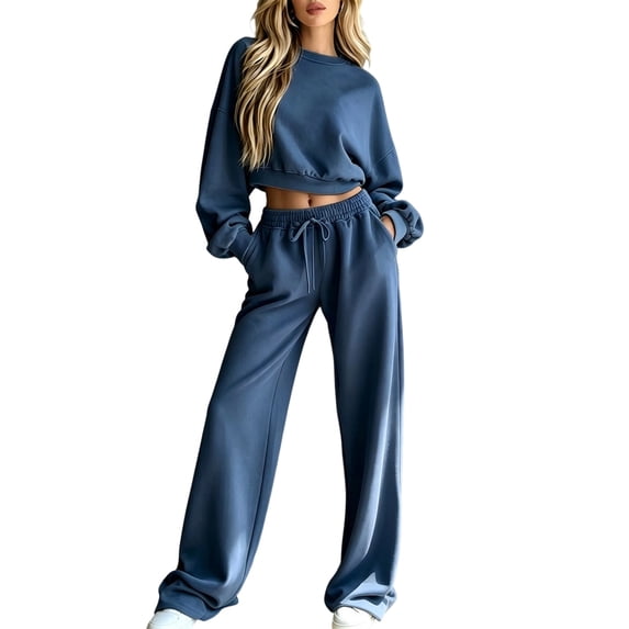 Sweatsuits Women 2 Piece Outfit 2026 Solid Drawstring Wide Leg Sweatpants Crew Neck Long Sleeve Cropped Tracksuit