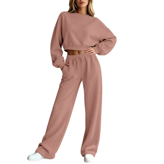 Sweatsuits Women 2 Piece Outfit 2026 Solid Drawstring Wide Leg Sweatpants Crew Neck Long Sleeve Cropped Tracksuit