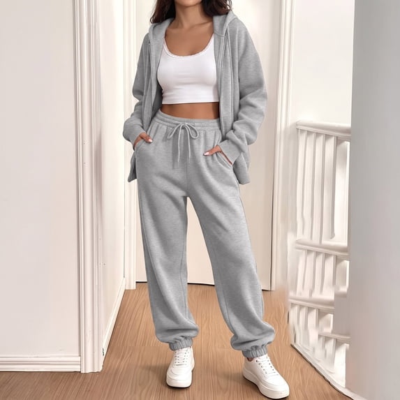 Sweatsuits Women 2 Piece Outfit Comfort Jogger Sets Fleece Oversized Zip Up Hoodie Sweatpants Set Matching Sweat Sets
