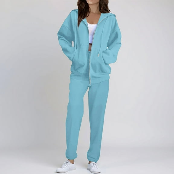 Sweatsuits Women 2 Piece Outfit Cozy Fleece Oversized Zip Up Hoodie Jogger Sweatpants Set Lounge Matching Sweat Sets Cyan L