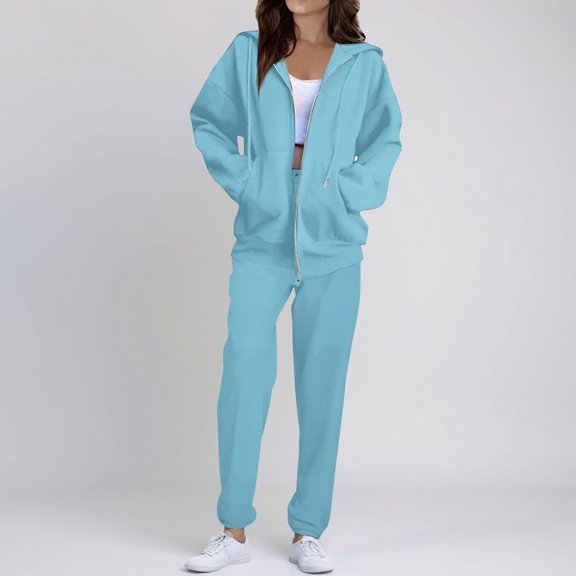 Sweatsuits Women 2 Piece Outfit Cozy Fleece Oversized Zip Up Hoodie Jogger Sweatpants Set Lounge Matching Sweat Sets Cyan XXL