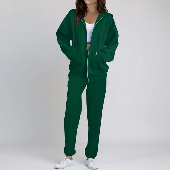 Sweatsuits Women 2 Piece Outfit Cozy Fleece Oversized Zip Up Hoodie Jogger Sweatpants Set Lounge Matching Sweat Sets Green S