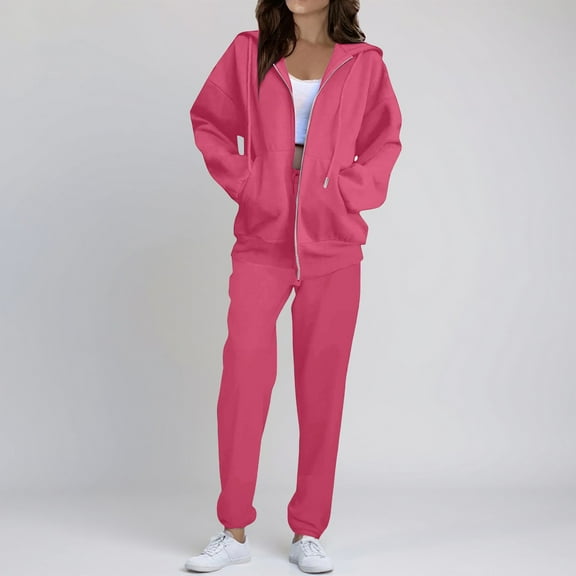Sweatsuits Women 2 Piece Outfit Cozy Fleece Oversized Zip Up Hoodie Jogger Sweatpants Set Lounge Matching Sweat Sets Hot Pink XXL