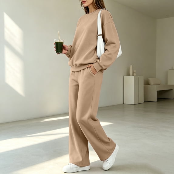 Sweatsuits Women 2 Piece Outfit Fall Fashion Crewneck Sweatshirts Wide Leg Pant Track Suits Lounge Sweat Sets Camel M