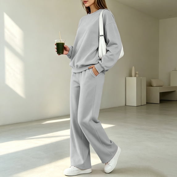 Sweatsuits Women 2 Piece Outfit Fall Fashion Crewneck Sweatshirts Wide Leg Pant Track Suits Lounge Sweat Sets Gray S