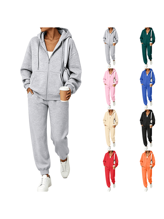 Sweatsuits Women 2 Piece Outfit Fall Set 2026 Full Zip Hooded Sweatshirt Drawstring Sweatpants Sweat Suits Winter Outfit Light Gray 2XL