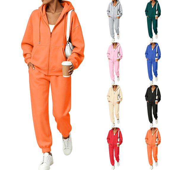 Sweatsuits Women 2 Piece Outfit Fall Set 2026 Full Zip Hooded Sweatshirt Drawstring Sweatpants Sweat Suits Winter Outfit Orange S
