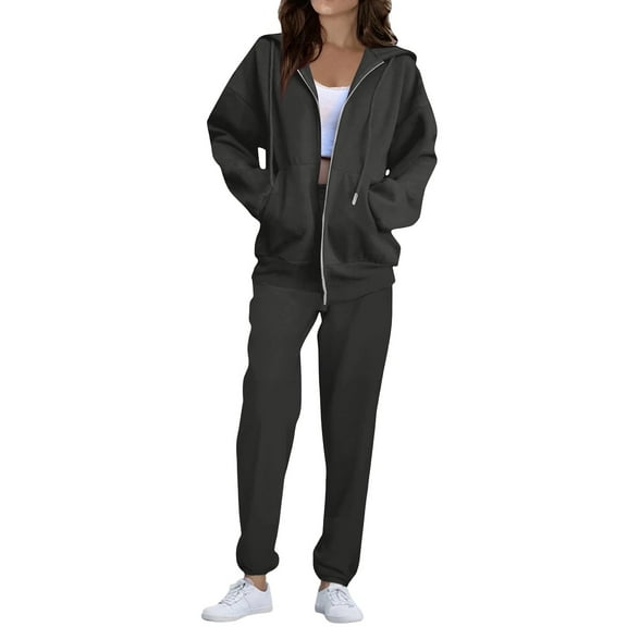 Sweatsuits Women 2 Piece Outfit Fleece Zip Up Jacket Oversized Hoodie Jogger Sweatpants Set Cozy Matching Sweat Sets Black XXL