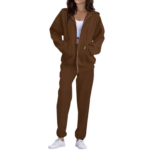 Sweatsuits Women 2 Piece Outfit Fleece Zip Up Jacket Oversized Hoodie Jogger Sweatpants Set Cozy Matching Sweat Sets Brown 3XL