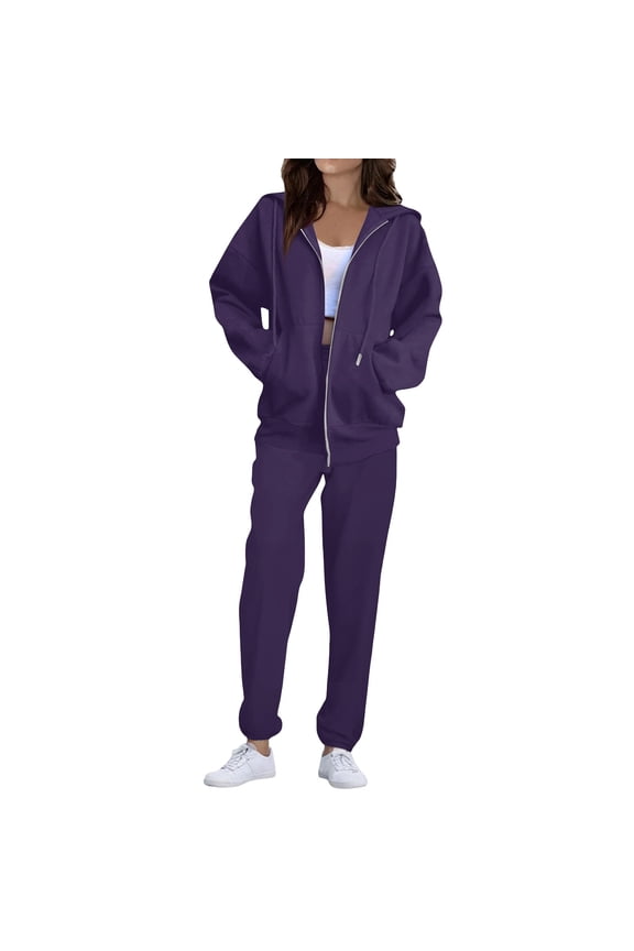 Sweatsuits Women 2 Piece Outfit Fleece Zip Up Jacket Oversized Hoodie Jogger Sweatpants Set Cozy Matching Sweat Sets Dark Purple 3XL