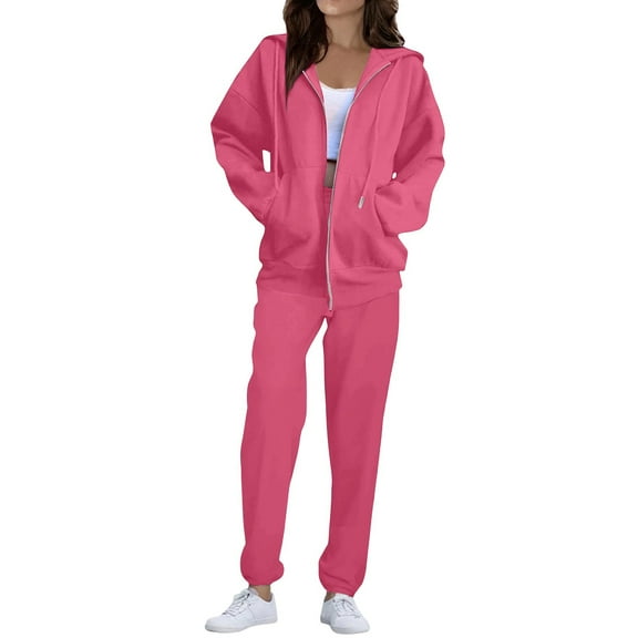 Sweatsuits Women 2 Piece Outfit Fleece Zip Up Jacket Oversized Hoodie Jogger Sweatpants Set Cozy Matching Sweat Sets Hot Pink M