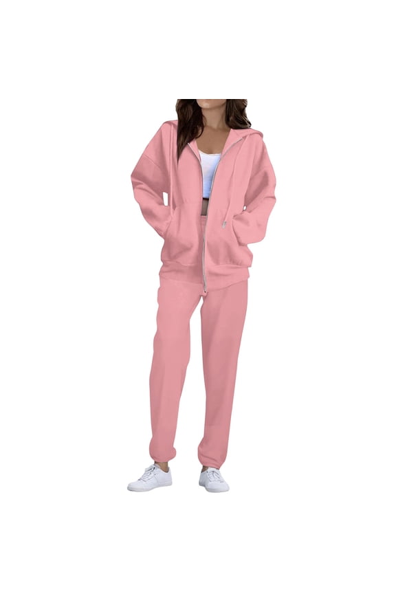Sweatsuits Women 2 Piece Outfit Fleece Zip Up Jacket Oversized Hoodie Jogger Sweatpants Set Cozy Matching Sweat Sets Pink L