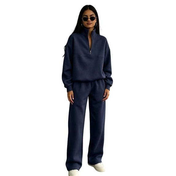 Sweatsuits Women 2 Piece Outfit Half Zip Stand Collar Long Sleeve Pullover Sweatshirts,Wide Leg Pants Matching Tracksuit Sets Navy XXL