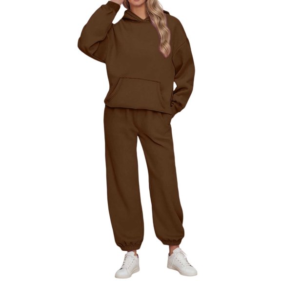 Sweatsuits Women 2 Piece Outfit Hooded Sweatshirt Matching Baggy Sweatpants with Pockets Y2k Lounge Jogging Tracksuit Brown M