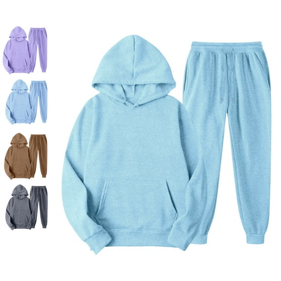 Sweatsuits Women 2 Piece Outfit Hooded Sweatshirt Matching Baggy Sweatpants with Pockets Y2k Lounge Jogging Tracksuit Light Blue L