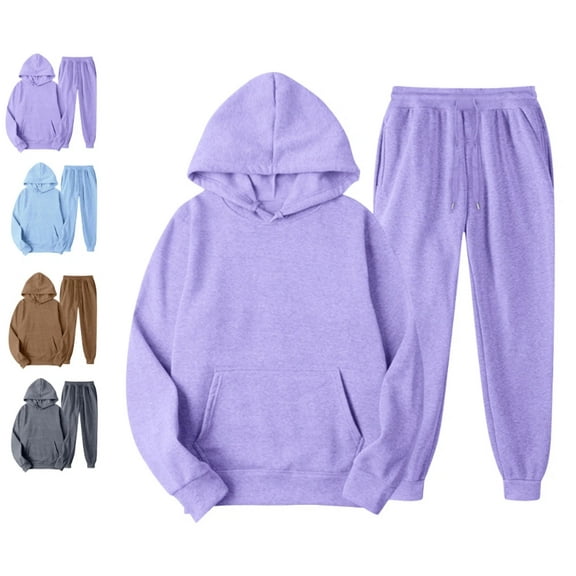 Sweatsuits Women 2 Piece Outfit Hooded Sweatshirt Matching Baggy Sweatpants with Pockets Y2k Lounge Jogging Tracksuit Light Purple XL