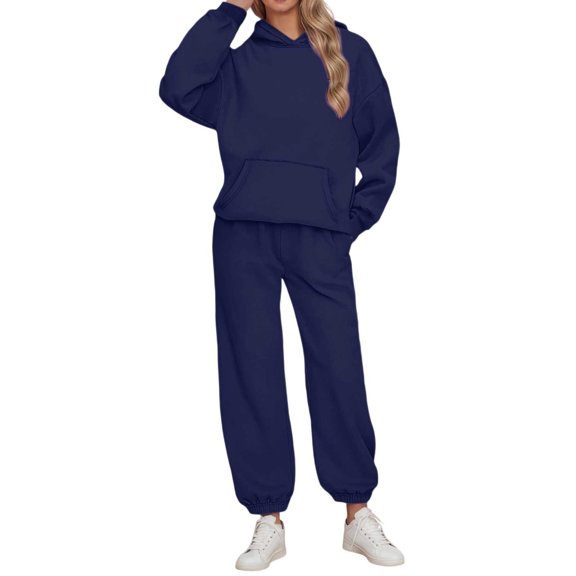 Sweatsuits Women 2 Piece Outfit Hooded Sweatshirt Matching Baggy Sweatpants with Pockets Y2k Lounge Jogging Tracksuit Navy S