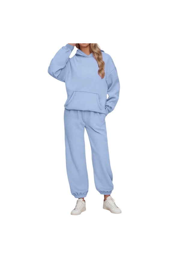 Sweatsuits Women 2 Piece Outfit Hooded Sweatshirt Matching Baggy Sweatpants with Pockets Y2k Lounge Jogging Tracksuit Sky Blue L