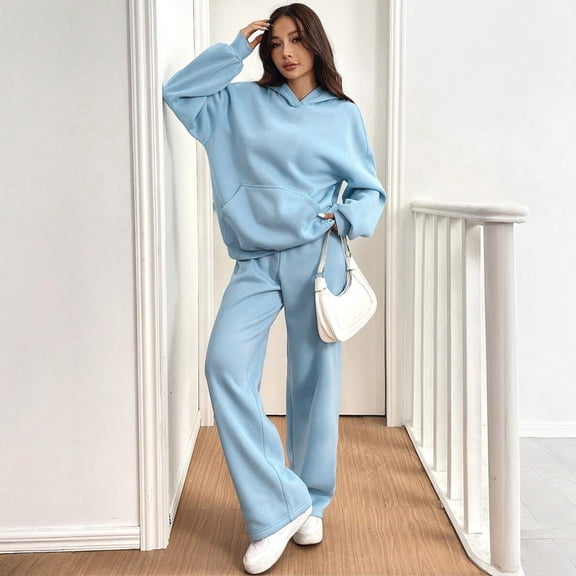 Sweatsuits Women 2 Piece Outfit Long Sleeve Fleece Oversized Sweatshirt Fall Hoodies Wide Leg Sweatpants Tracksuits Sky Blue XXL