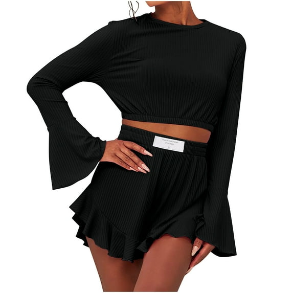 Sweatsuits Women 2 Piece Outfit Long Sleeve Top Loose Shorts Set Solid Color Casual Tracksuit Lace Tee Suit (Black L)