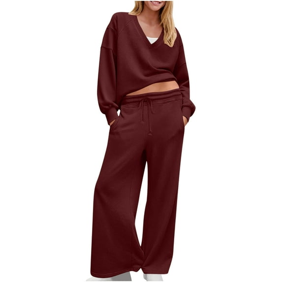 Sweatsuits Women 2 Piece Outfit Long Sleeve V Neck Pullover Wide Leg Pants Solid Color Tracksuit Comfy Lounge Sets for Travel