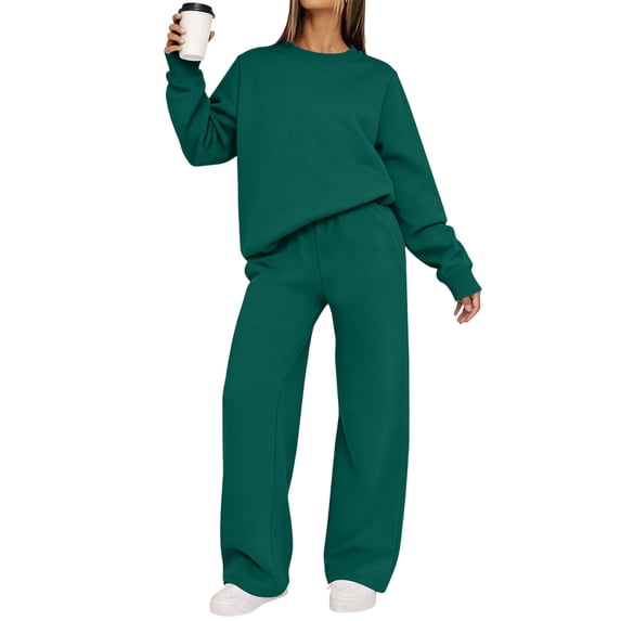 Sweatsuits Women 2 Piece Outfit Matching Lounge Sets Fall Outfits Crewneck Solid Color Track Suits Long Sleeve Sweatshirt Wide Leg Pants Set