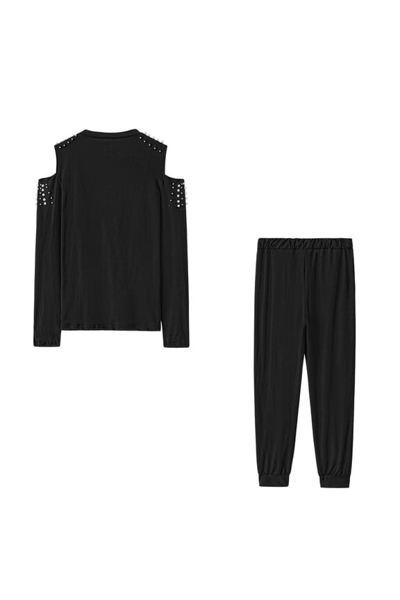 Sweatsuits Women 2 Piece Outfit Off Shoulder Long Sleeve Metallic Beading Top Jogger Sweat Set Airport Travel Outfit