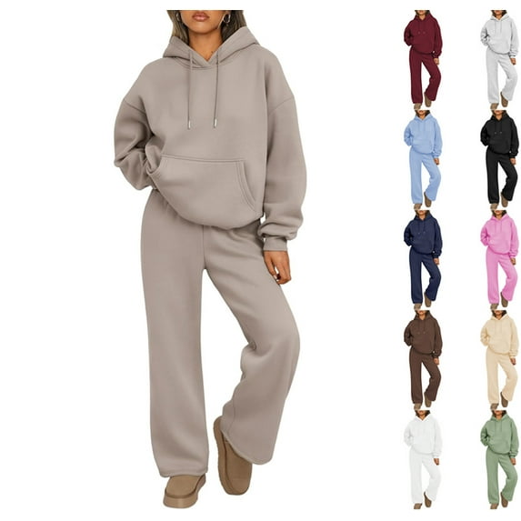Sweatsuits Women 2 Piece Outfit Oversized Drawstring Hoodie and Joggers Sweatpants Tracksuit Fall Fashion Matching Lounge Sets Khaki L