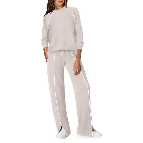 Sweatsuits Women 2 Piece Outfit, Prolriy Fall Outfits 2025 Wide Leg Pant Matching Sets Womens Clothing Lounge Sets for Women Beige L