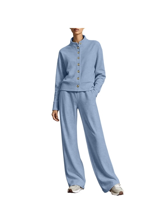 Sweatsuits Women 2 Piece Outfit Solid Color Button Up Round Neck Sweatshirt and Wide Leg Pants with Pockets for Elegant Daily Wear and Travel