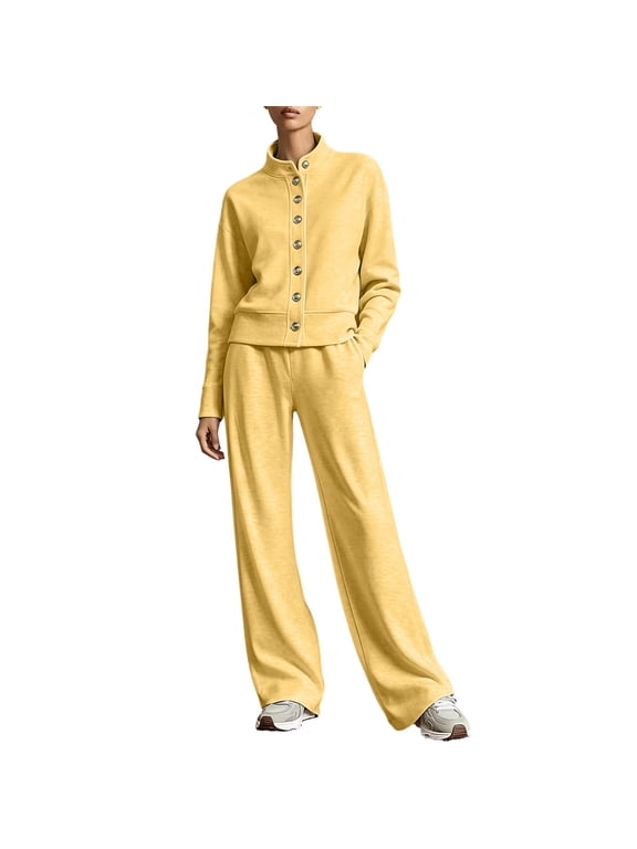 Sweatsuits Women 2 Piece Outfit Solid Color Button Up Round Neck Sweatshirt and Wide Leg Pants with Pockets for Elegant Daily Wear and Travel
