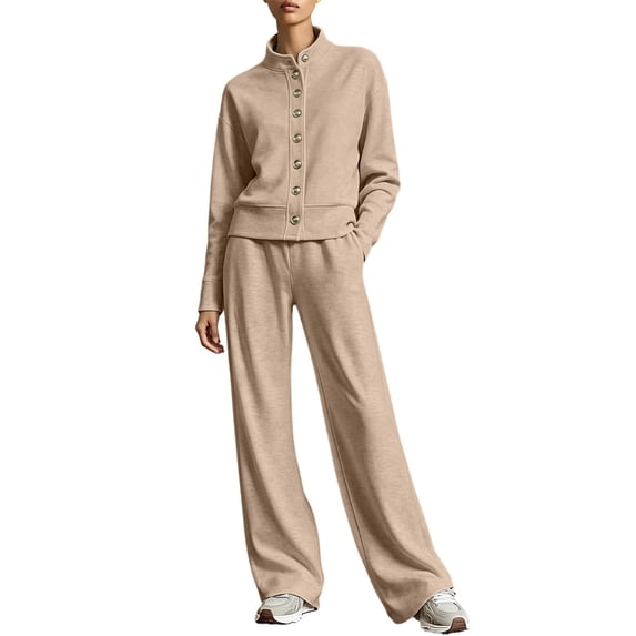 Sweatsuits Women 2 Piece Outfit Solid Color Button Up Round Neck Sweatshirt and Wide Leg Pants with Pockets for Elegant Daily Wear and Travel
