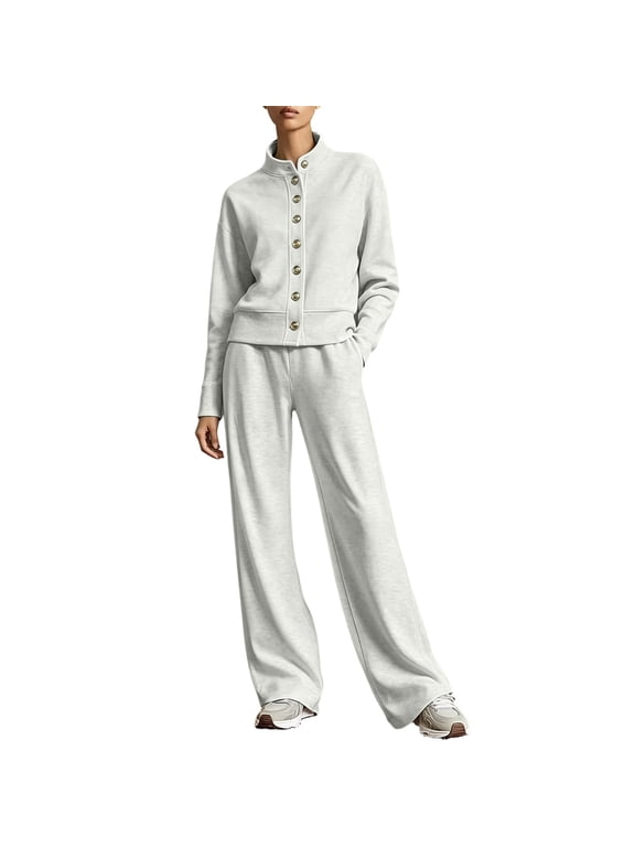 Sweatsuits Women 2 Piece Outfit Solid Color Button Up Round Neck Sweatshirt and Wide Leg Pants with Pockets for Elegant Daily Wear and Travel