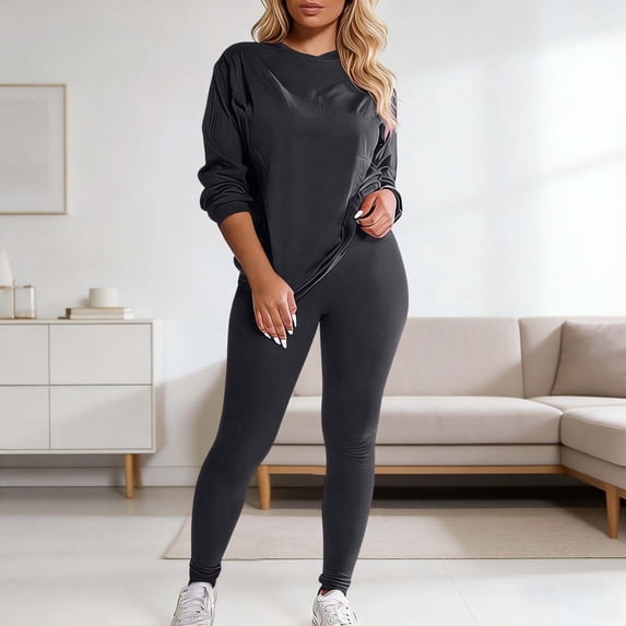 Sweatsuits Women 2 Piece Outfit Solid Color Crewneck Long Sleeve Sweatshirt with Trousers Casual Elegant Womens Tracksuit Set Black L