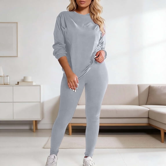 Sweatsuits Women 2 Piece Outfit Solid Color Crewneck Long Sleeve Sweatshirt with Trousers Casual Elegant Womens Tracksuit Set Grey XXL