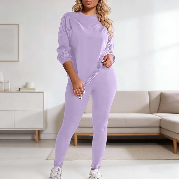 Sweatsuits Women 2 Piece Outfit Solid Color Crewneck Long Sleeve Sweatshirt with Trousers Casual Elegant Womens Tracksuit Set PP1 XL