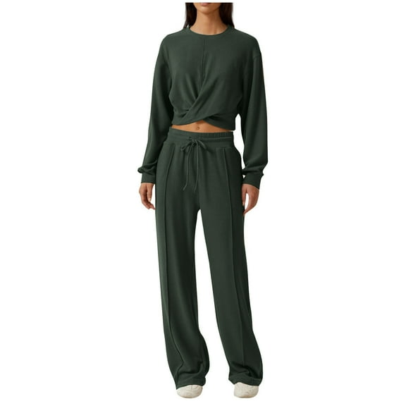 Sweatsuits Women 2 Piece Outfit Solid Color Tracksuit Twist Front Top Wide Pant Suit Crew Neck Set Long Sleeve Casual Track Suits (Army Green L)