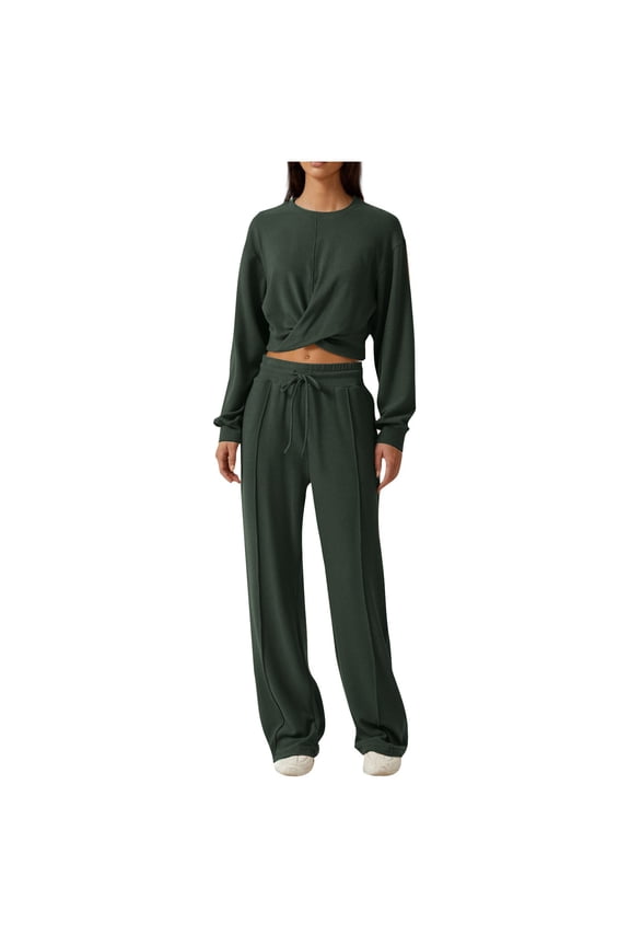 Sweatsuits Women 2 Piece Outfit Solid Color Tracksuit Twist Front Top Wide Pant Suit Crew Neck Set Long Sleeve Casual Track Suits (Army Green L)