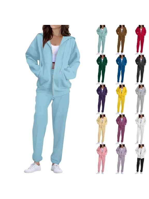 Sweatsuits Women 2 Piece Outfit Zip Up Jacket Comfort Jogger Set Fleece Hoodie and Sweatpants Set Matching Sweat Sets,Cyan L