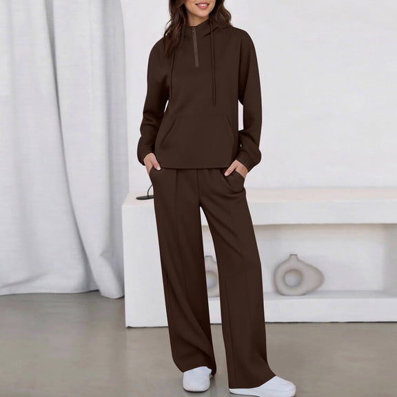 Sweatsuits Women 2 Piece Outfits Long Sleeve Hoodie Loose Wide Leg Pants Matching Sets Plus Size Fall Winter Clothes Brown S