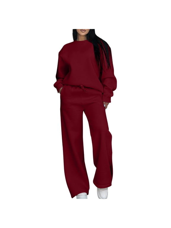 Sweatsuits Women 2 Piece Pant Sets Baggy Crewneck Pullover Sweatshirt & Wide Leg Sweatpant Lounge Outfits, Red L