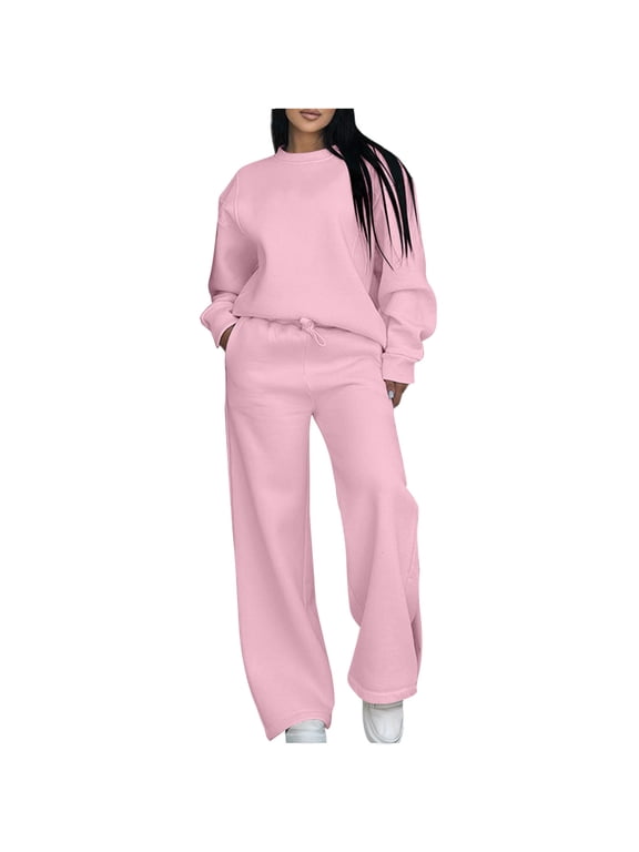 Sweatsuits Women 2 Piece Pant Sets Baggy Crewneck Pullover Sweatshirt and Wide Leg Sweatpant Sweat Outfits, Pink XL