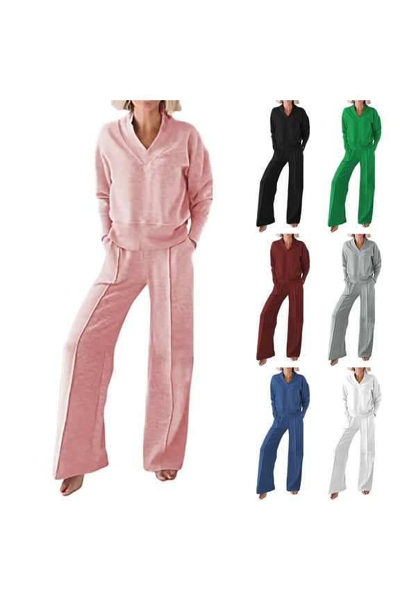 Sweatsuits Women 2 piece Outfit V Neck Long Sleeve Oversized Sweatshirt and Sweatpants Tracksuit Trendy Casual Fall Outfit Sets Pink M