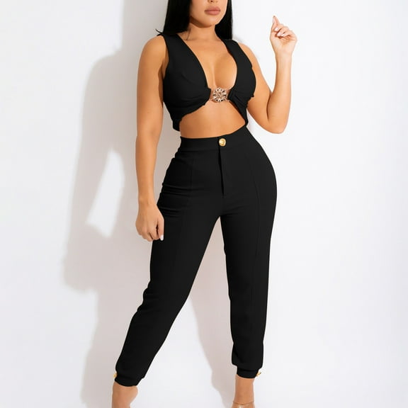 Sweatsuits for Women Sweatpants Set for Women Workout Sets for Women 2 Piece Women Pants Suits Womens 2 Piece Outfits Women's Fashion Two-Piece Solid Color V-Neck Tube Tank and Long Pants Casual Suit