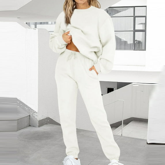 Sweatsuits for Women Trendy Clearance,Women's Workout Outfits 2 Pieces Jogger Tracksuit Solid Color Basic Long Sleeve Crewneck Sweatshirts Tops and High Waist Sport Pants Sweat Suits