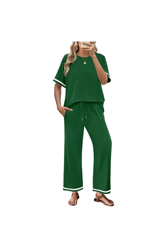 Sweatsuits Women Two Piece Outfit Summer Outfits Long Sleeve Tops and Wide Legs Pants Lounge Sets Casual Matching Set