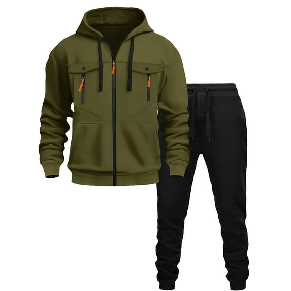 Sweatsuits for Men 2 Piece Full Zip Hoodie Long Sweatpants Casual Sports Jogging Suits Fleece Lined Tracksuit Sets Olive Green+Black XL