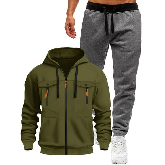 Sweatsuits for Men 2 Piece Full Zip Hoodie Long Sweatpants Casual Sports Jogging Suits Fleece Lined Tracksuit Sets Olive Green+Dark Gray S